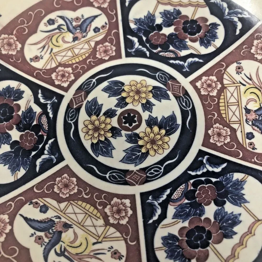 Japanese Arita Imari Bowl Blue Cream Gold Flowers Birds Vintage Porcelain 9 3/4